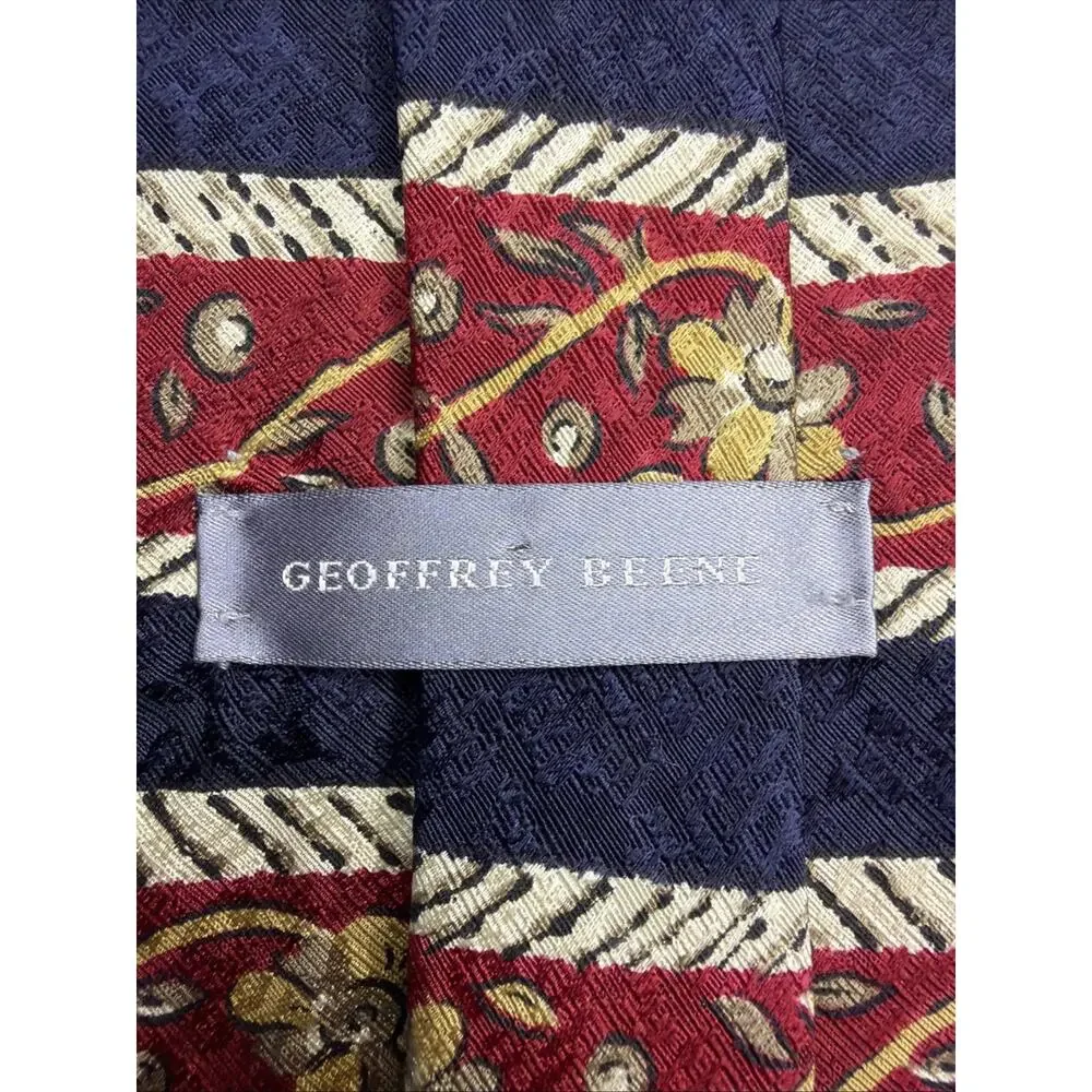 Geoffrey Beene Men's Tie 100% Silk Red Gold Blue Floral Striped Necktie USA